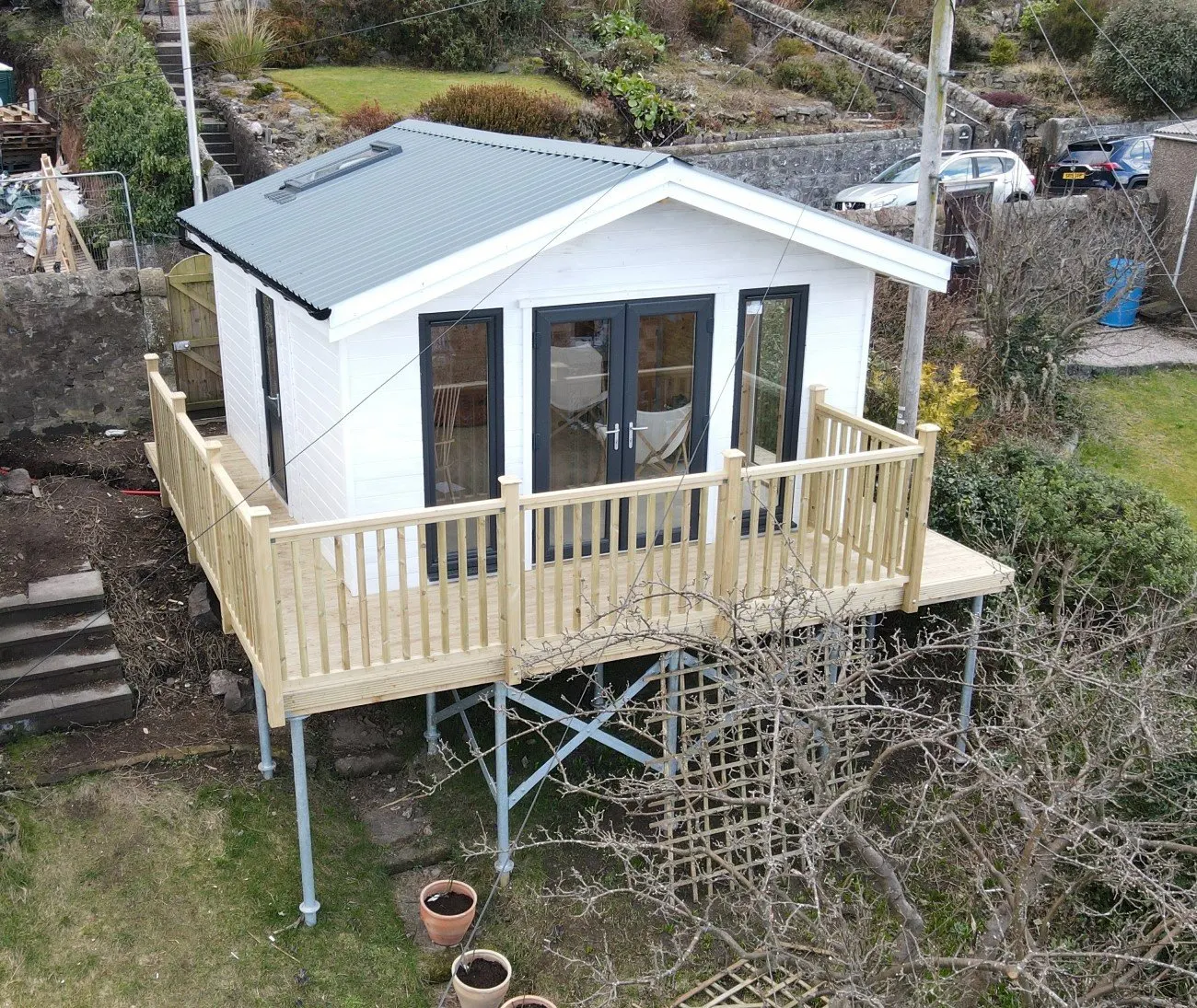 Garden room foundation on a site with no driveway